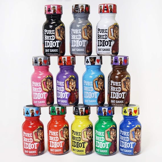 Pure Bred Idiot - Hot Sauce Roulette Game - 12 - 0.75 Ounce Bottles Hot Sauce Gift Set - Perfect Premium Gourmet Gag Gifts for Men - Spicy Challenge Hot Sauce Sampler