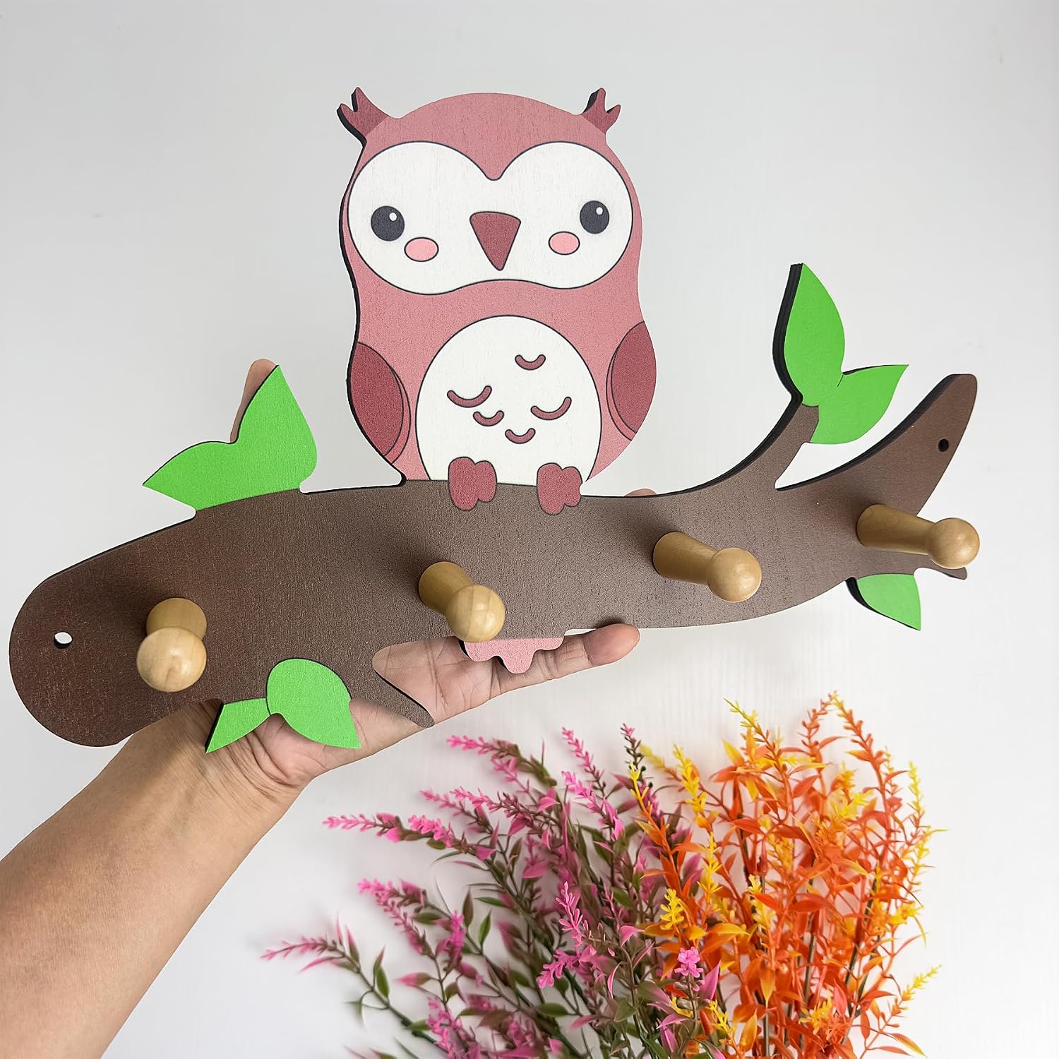 Wooden Kids Coat Rack Wall Mount Decorative Wood Cute Owl Animal Jungle Nursery Room Entryway Playroom for Towels Hats Wall Hooks