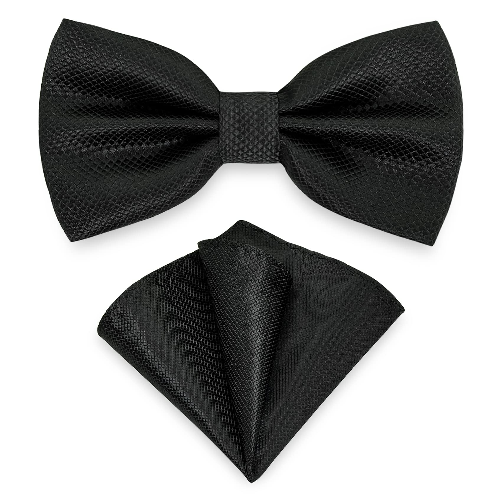 Men Bowtie and Handkerchief Set, Unisex Design Bow Tie and Pocket Square For Business Formal Tuxedo or Wedding M-B-T9 (Black)