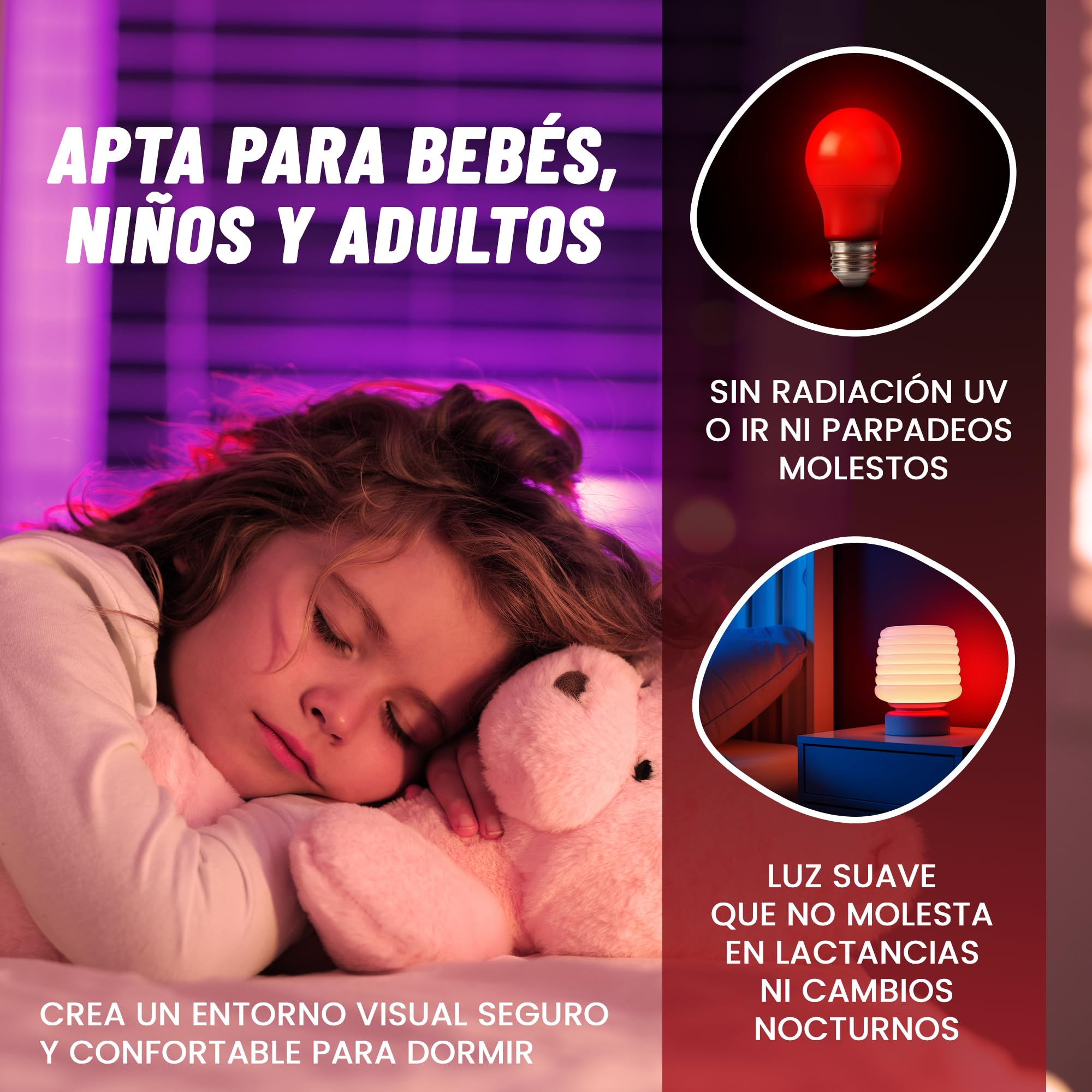 Luz Roja Nocturna Melatonina E27 - Bombillas Led E27 Luz Calida - Bombilla Led para Dormir - Tecnología Flicker Free + 0% Luz Azul - Mejora del Ritmo de Descanso e Ideal para Leer.