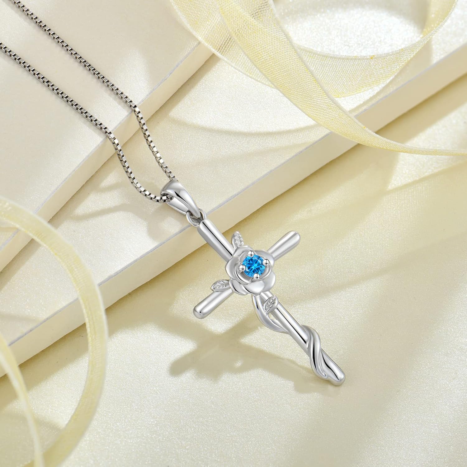 Cross Necklace for Women 925 Sterling Silver Rose Flower Birthstone Pendant Crucifix Faith Religion Necklace Created Gemstone Jewelry for Women