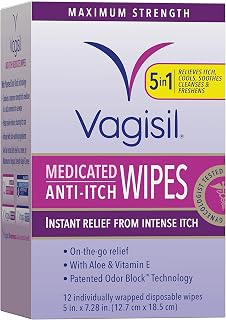 Vagisil Maximum Strength Anti-Itch Medicated Feminine Wipes for Women, Gynecologist Tested Instant Vaginal Itch Relief, 12 Count