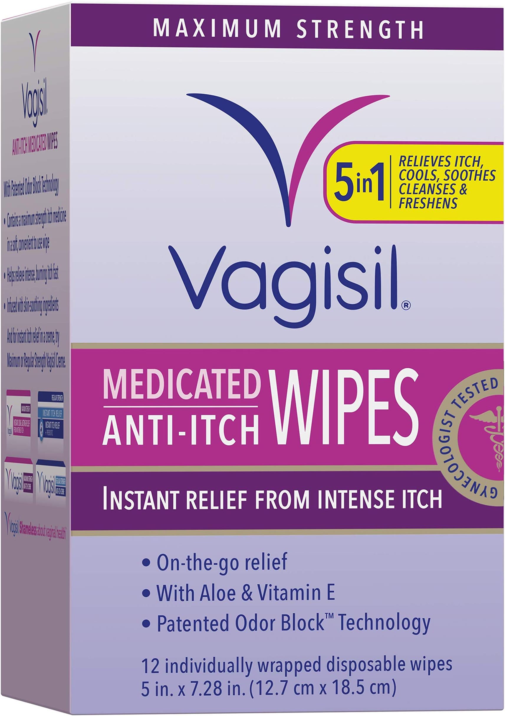 Vagisil Anti-Itch Medicated Feminine Intimate Wipes for Women, Maximum Strength, Gynecologist Tested, 12 Wipes (Pack of 1)