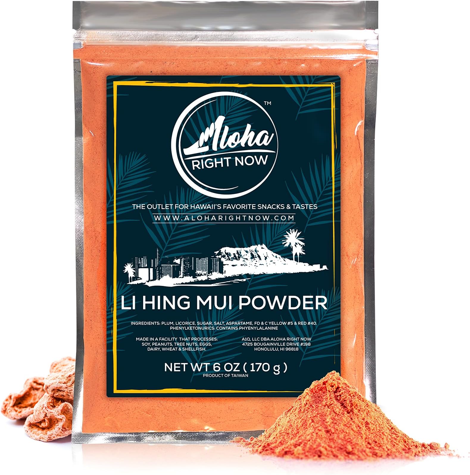 Authentic Li Hing Mui Powder 6 oz - for flavoring fruits, candy, & cocktail drinks - Sweet, Sour & Salted Dried Plum Powder - Asian Hawaiian Snacks - Hawaii's Crack Seed & Powder Candy