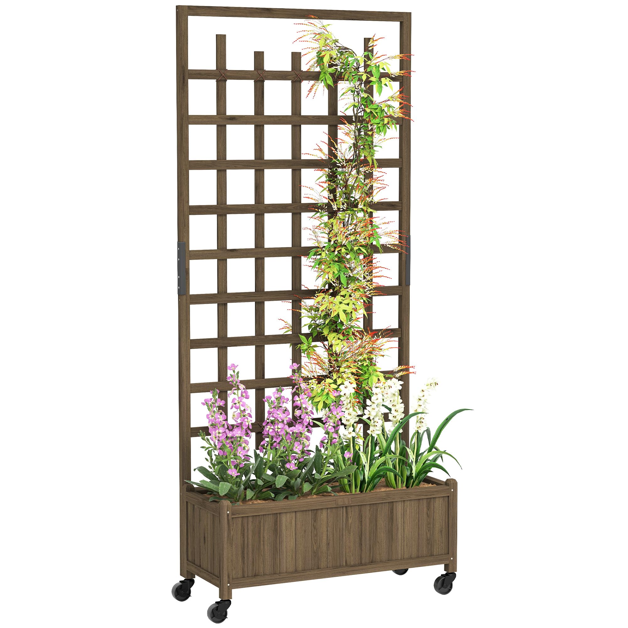 Outsunny Maceta de enrejado de madera, camas elevadas para jardín con ruedas y forro de cama, maceta con pantalla de privacidad para cultivar verduras, hierbas y flores para jardín, patio, terraza,