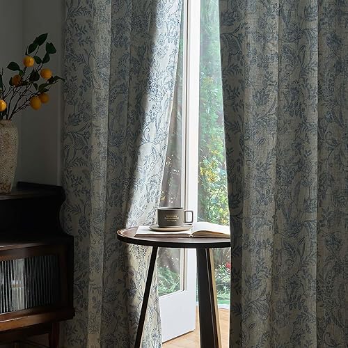 Miniatura 9 de Lazzzy Cortinas con forro de lino floral azul con 63 pulgadas de largo, cortinas con pestaña trasera para sala de estar, dormitorio, patrón de