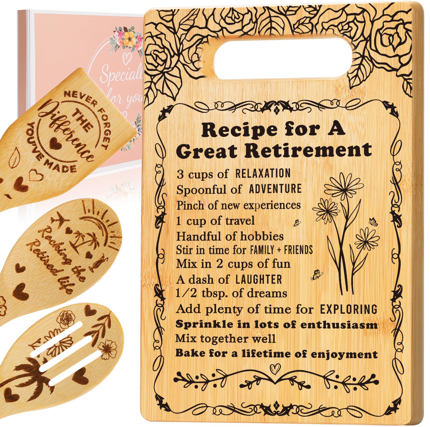 Retirement Gifts for Woman 2025, Cutting Board Set Retrement Gift for Women, Coworker Leaving Gift Going Away Gift Farewell Gift for Retired Colleague Boss Leader Friend, Recipe for a Great Retirement