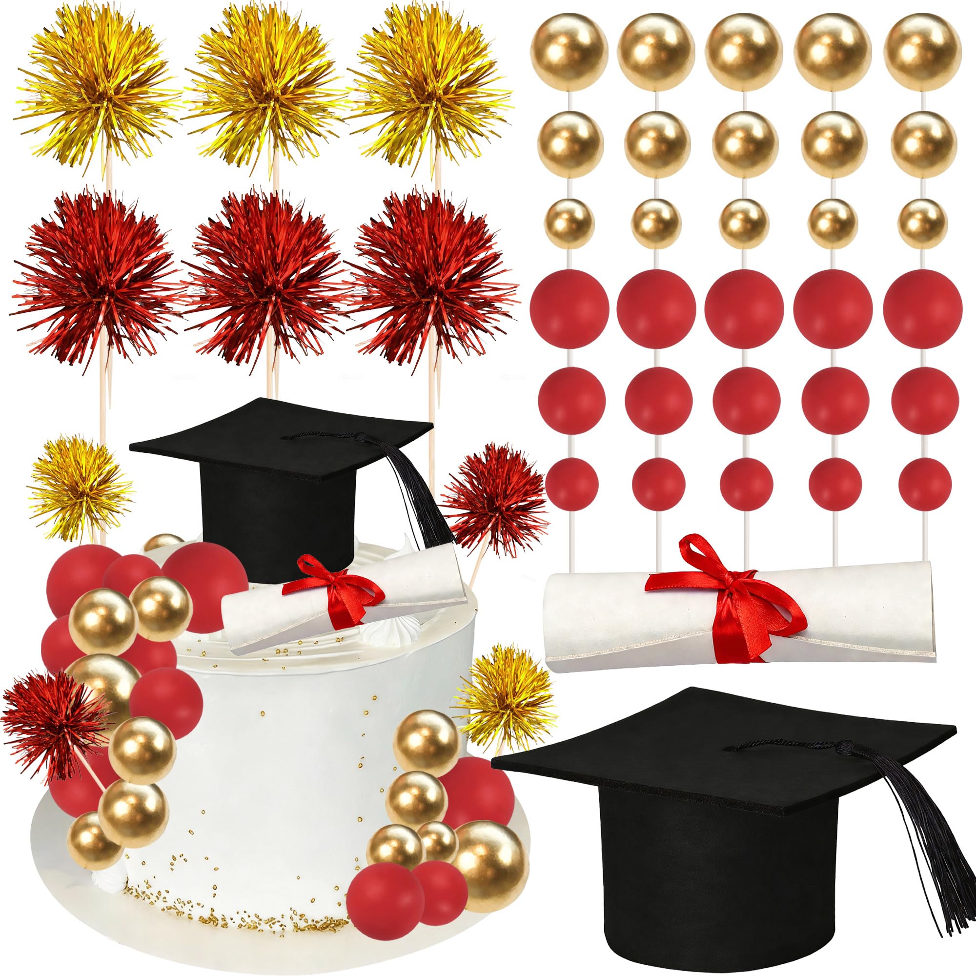 Xsstarmi 42 Pack Graduation Cake Topper Decoration Set with Firework Red Gold Balls Cake Pick for Diploma Done Congrats Grad Theme Party Cake Decorations