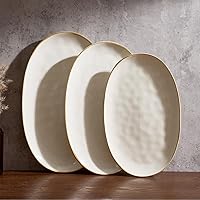 Famiware Ocean Series 3-Piece Oval Serving Platters, 15.6/14.3/12.9 Inch Stoneware Trays, Microwave & Dishwasher Safe for Parties, Turkey, Cheese, Vanilla White