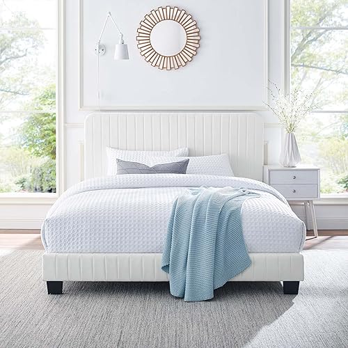 Miniatura 1 de Modway Celine Channel - Cama con plataforma de terciopelo copetudo, tamaño Queen, color blanco