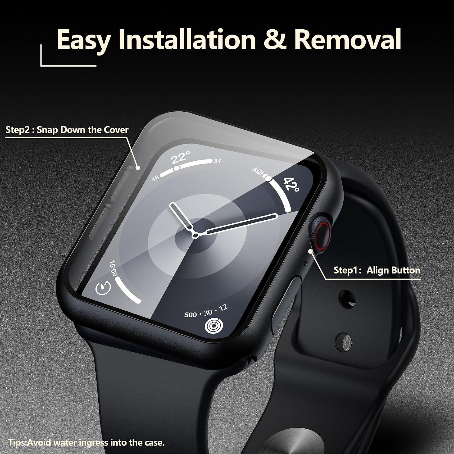JULK [2 Pack] Waterproof Case for Apple Watch 41mm Built in Tempered Glass Screen Protector, Slim Guard Bumper with HD Glass, Hard PC Cover for iWatch Series 9/8/7 41mm, Matte Black