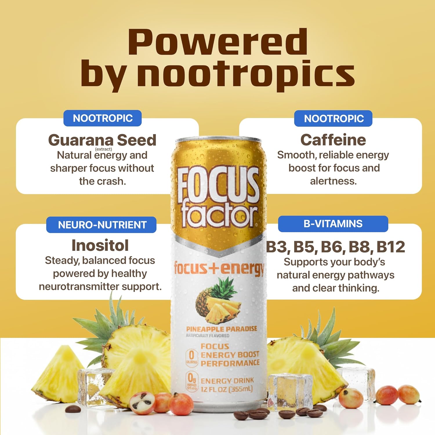 Focus Factor Energy Drink - 12 x 355ml Cans (Pineapple Paradise Flavor) - with Focus + Energy - Lightly Carbonated, Sugar Free, Low Calorie with Vitamin B6 & Vitamin B12 - Image 3