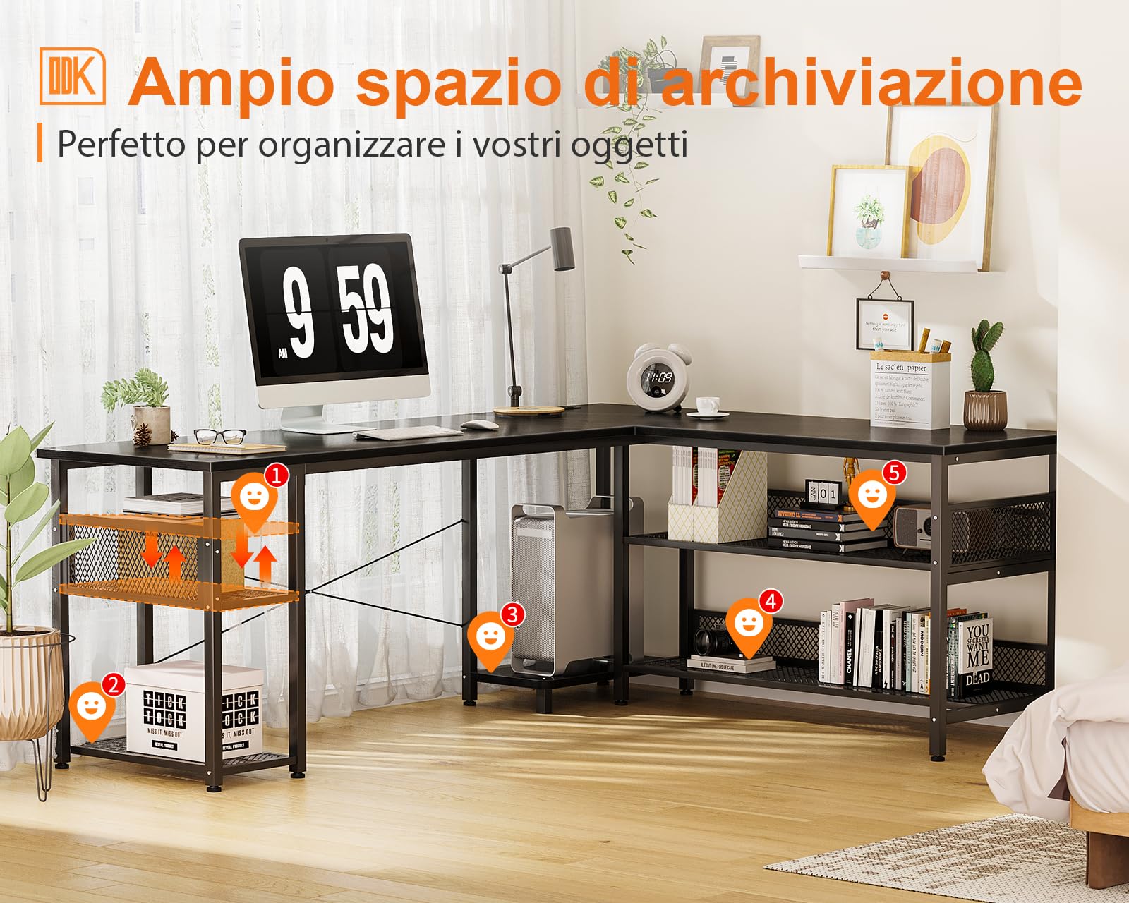 ODK Scrivania Gaming ad L con Design Reversibile, Scrivania con Ampio Spazio di Archiviazione, Scrivania ad Angolo con 2 Prese e 2 Porte USB, Nero, 168×120cm