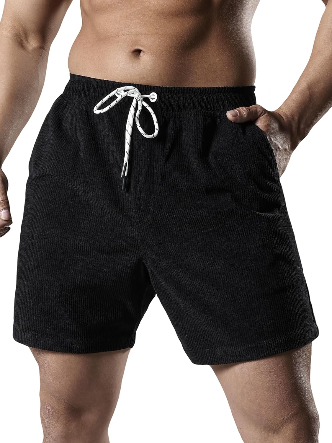 Men's Casual Drawstring Corduroy Shorts Elastic Waist Summer Shorts with Pocket - Image 4