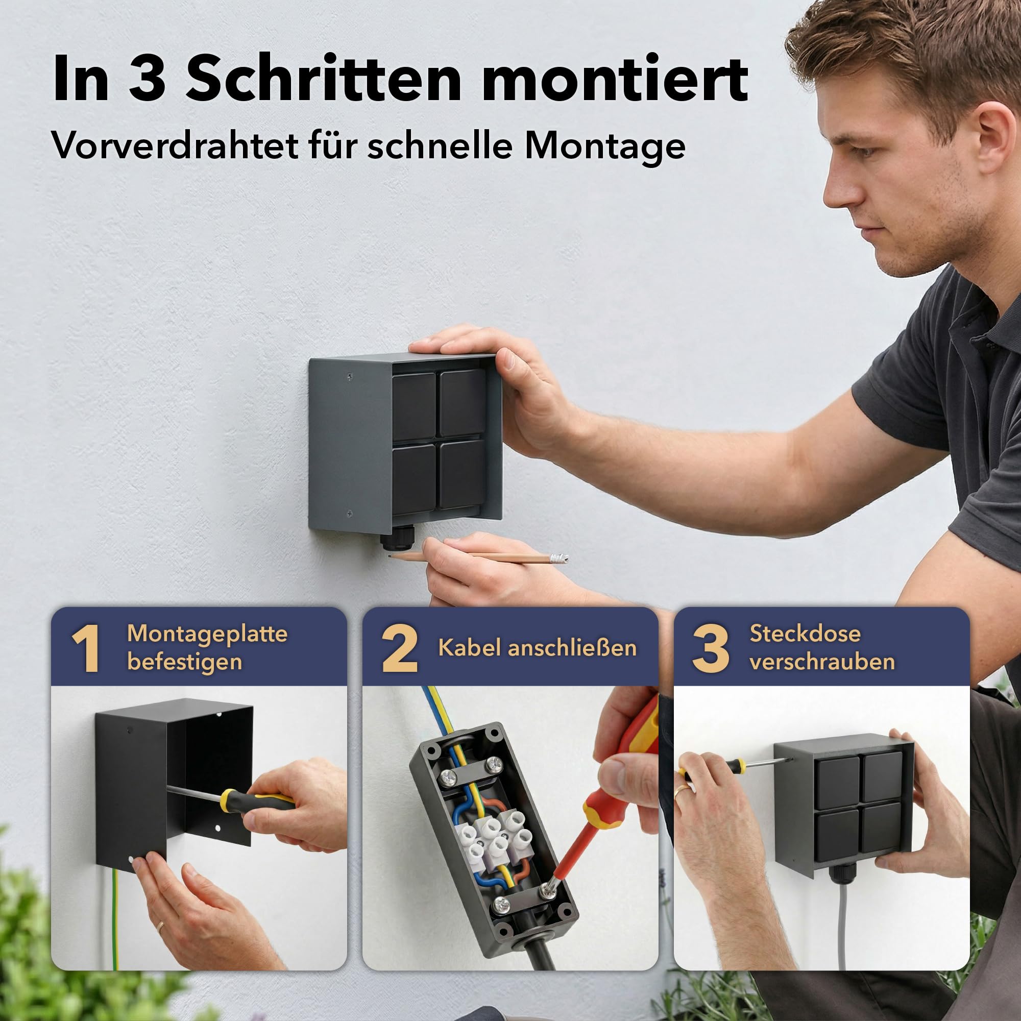 ledscom.de 2X Außensteckdose 4-Fach STEDDA und 2m Kabel, IP44, Edelstahl anthrazit quadratisch, Steckdosen für Garten, Terrasse und Außenbereich