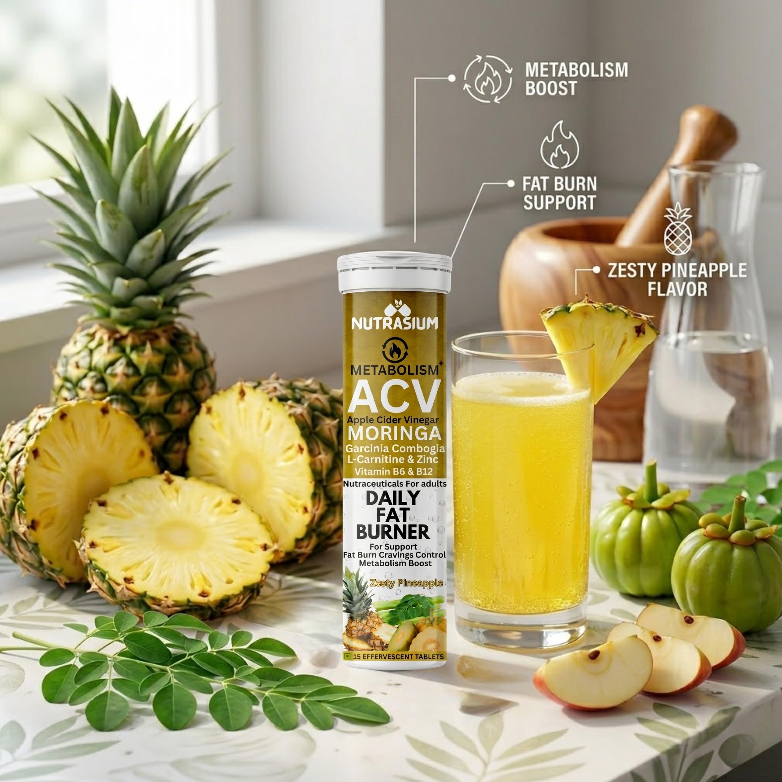 Nutrasium ACV Moringa Metabolism Plus | Apple Cider Vinegar Effervescent Tablet | Added L-Carnitine & Garcinia Combogia Extract | For Supports Weight Loss, Control Cravings, Convert Fat Into Energy, Boost Energy & Immunity | 60 Tablets Pineapple 3