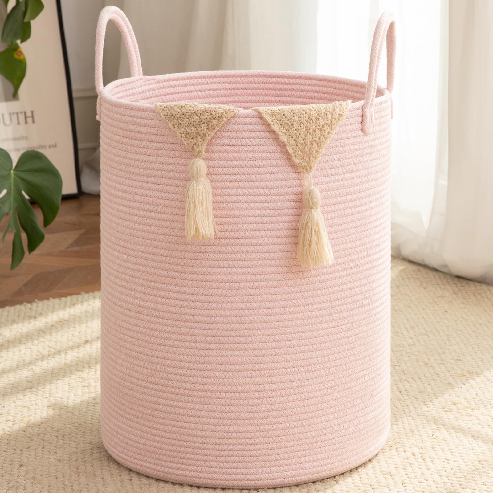Oiahomy Pink Woven Laundry Basket, 60L Nursery Hamper For Living Room, Bathroom And Baby Nursery, Cotton Rope Laundry Hamper For Blankets, Toys And Dirty Clothes,