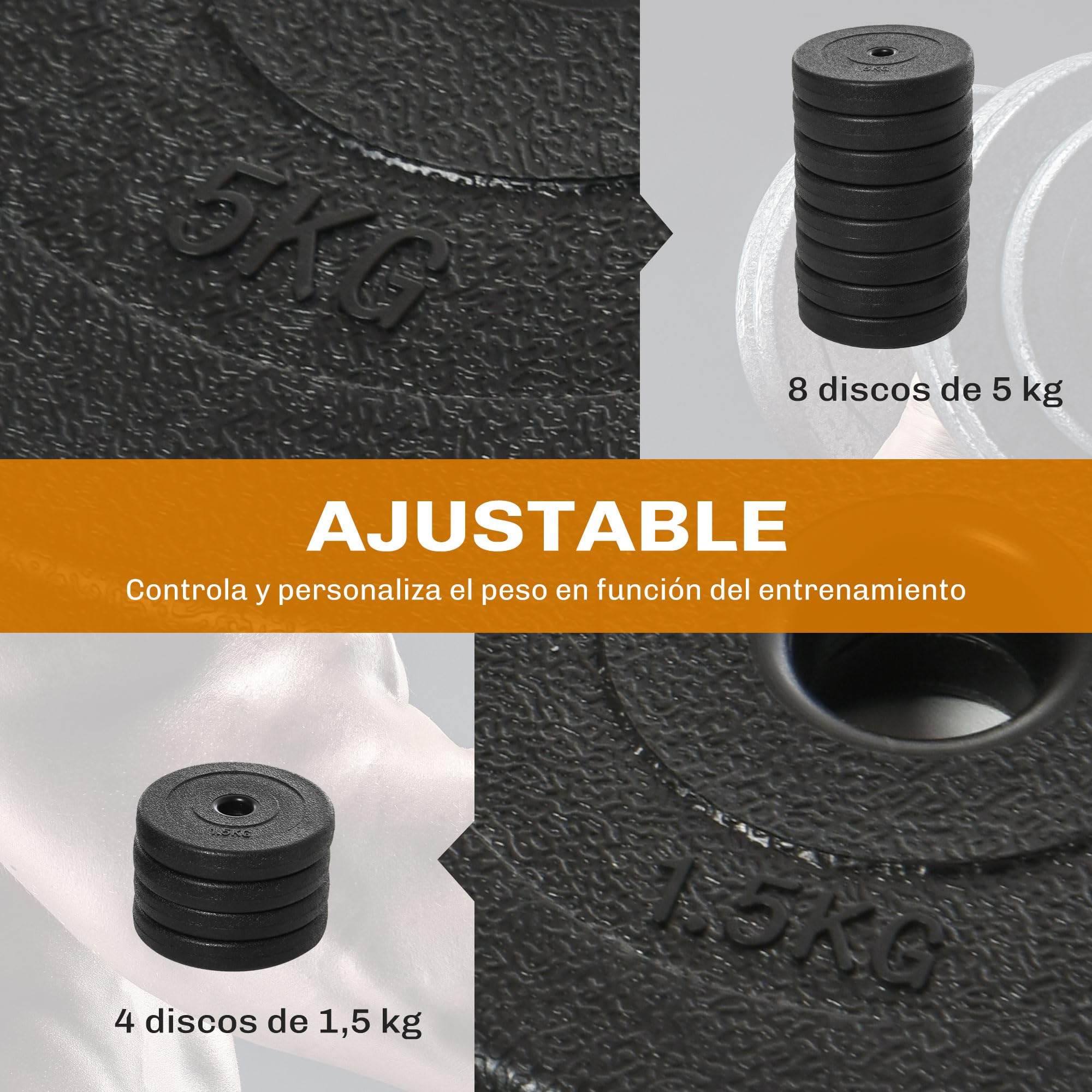 HOMCOM Juego de Mancuernas Ajustables Pesas y Mancuernas 50 kg Negro | 8x5 kg, 4x1,5 kg, 2 Barras para Ejercicio, Entrenamiento en Casa, Gimnasio, Oficina
