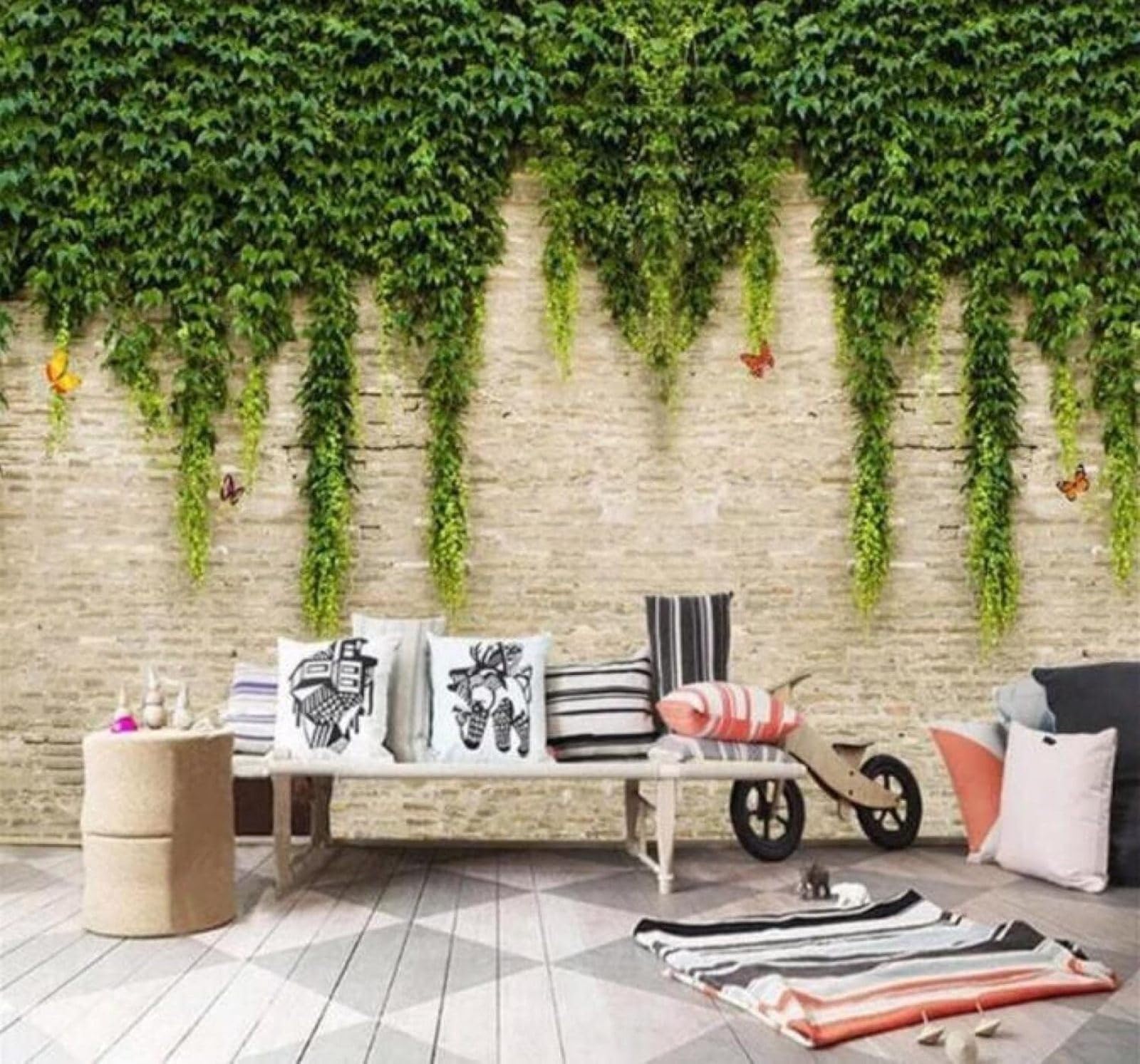 Xlming 400Cm×280Cm(B×H) Fresh Green Leaves Vines Butterflies Brick Wall 3D Wallpaper Luxury Silk Study Dining Feature Sofa Grey Bedroom Living Room Tv Decorative Wall-400Cm×280Cm