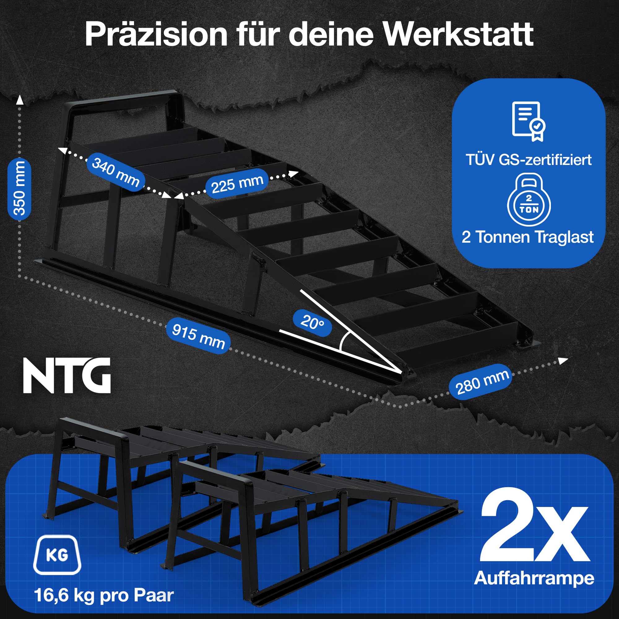 NTG Rampa profesional para coche, juego de 2 toneladas (2000 kg), rampas extraanchas de 225 mm, ángulo de entrada de 20°, resistente a la corrosión, recubrimiento en polvo, color negro, ayuda para