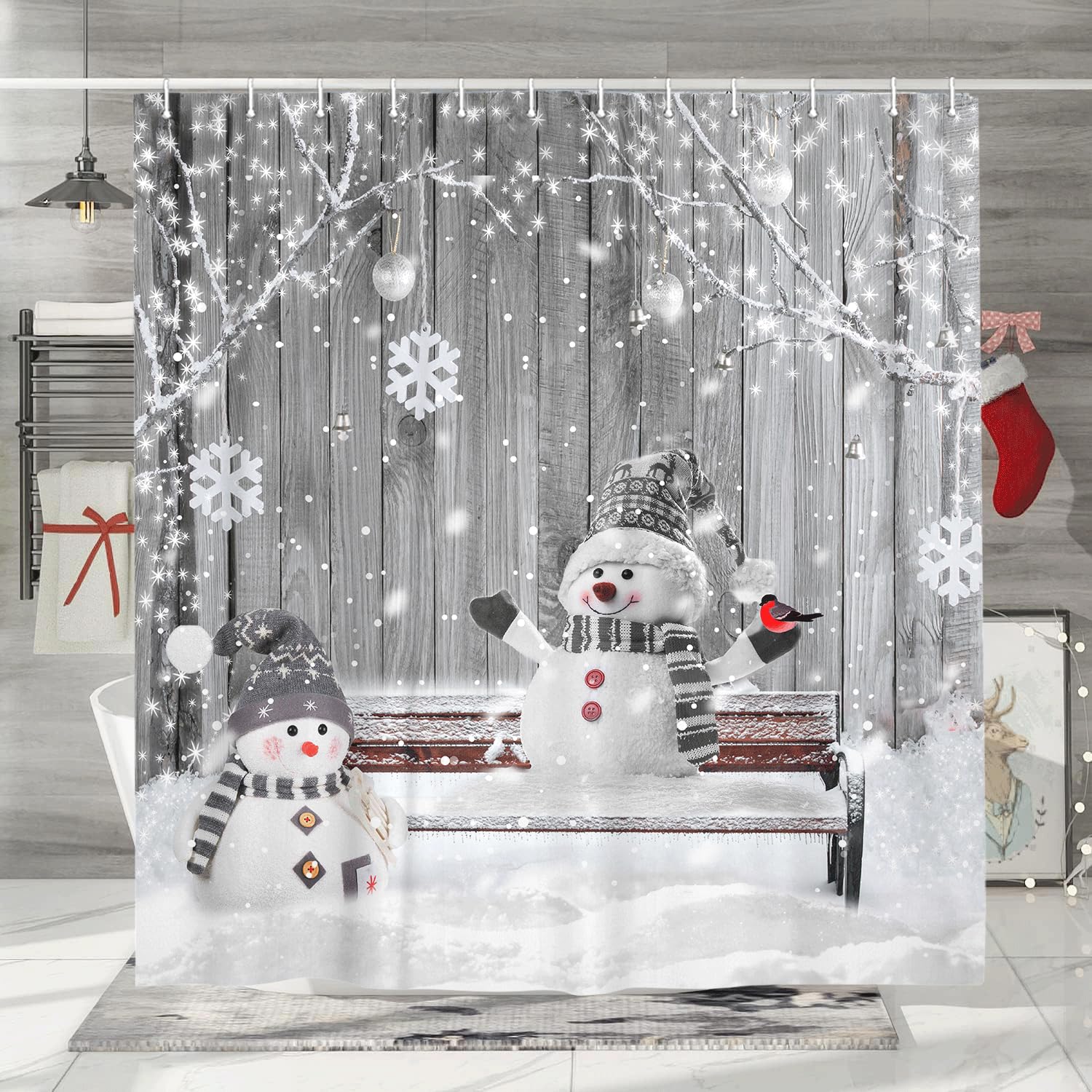 Winter Christmas Shower Curtain, Cute Snowman Snowflake Scene Holiday Decor Bath Curtain for Bathroom, Farmhouse Xmas Covered Snow Fabric
