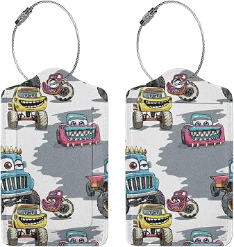 2 Pack Funny Cartoon Truck Colorful Monster Car Luggage Tags for Suitcases, Leather Baggage Tag with Loop, Funny Cool Name Id Card Cover Travel Bag Labels Set for Women Men Boys Girls Kids