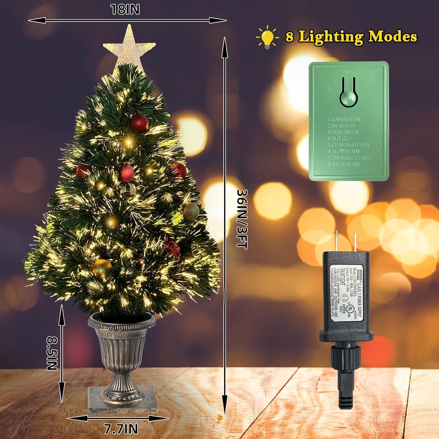 Choies 3 FT Pre-Lit Artificial Christmas Tree,Lighted Fiber Optic Christmas Tree Outdoor with Ornaments Christmas Decorations,Tabletop Xmas Tree for Driveway,Porch,Yard, Garden