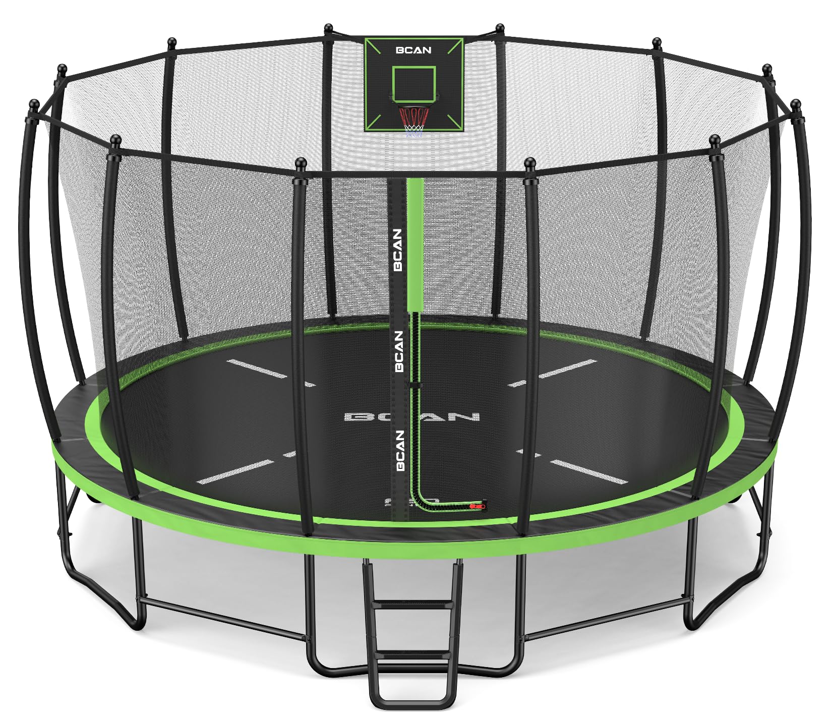 BCAN 12FT Heavy-Duty Outdoor Trampoline, 1500 LBS Static Capacity, Reinforced Springs, Safety Enclosure Net, Built-in Basketball Hoop, Outdoor Backyard Trampoline with Ladder, Protective Padding-BK