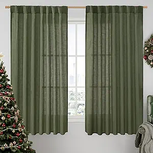 LAMIT Light Filtering Linen Curtains 63 inches Long for Bedroom, Linen Textured Semi Sheer Back Tab and Rod Pocket Olive Green Boho Christmas Drapes for Living Room, 2 Panels, 60 x 63 Inch