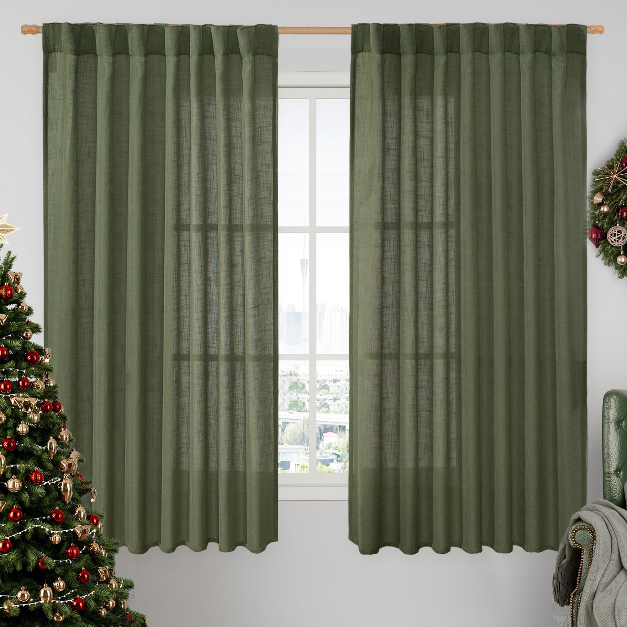 LAMIT Light Filtering Linen Curtains 63 inches Long for Bedroom 2 Panels