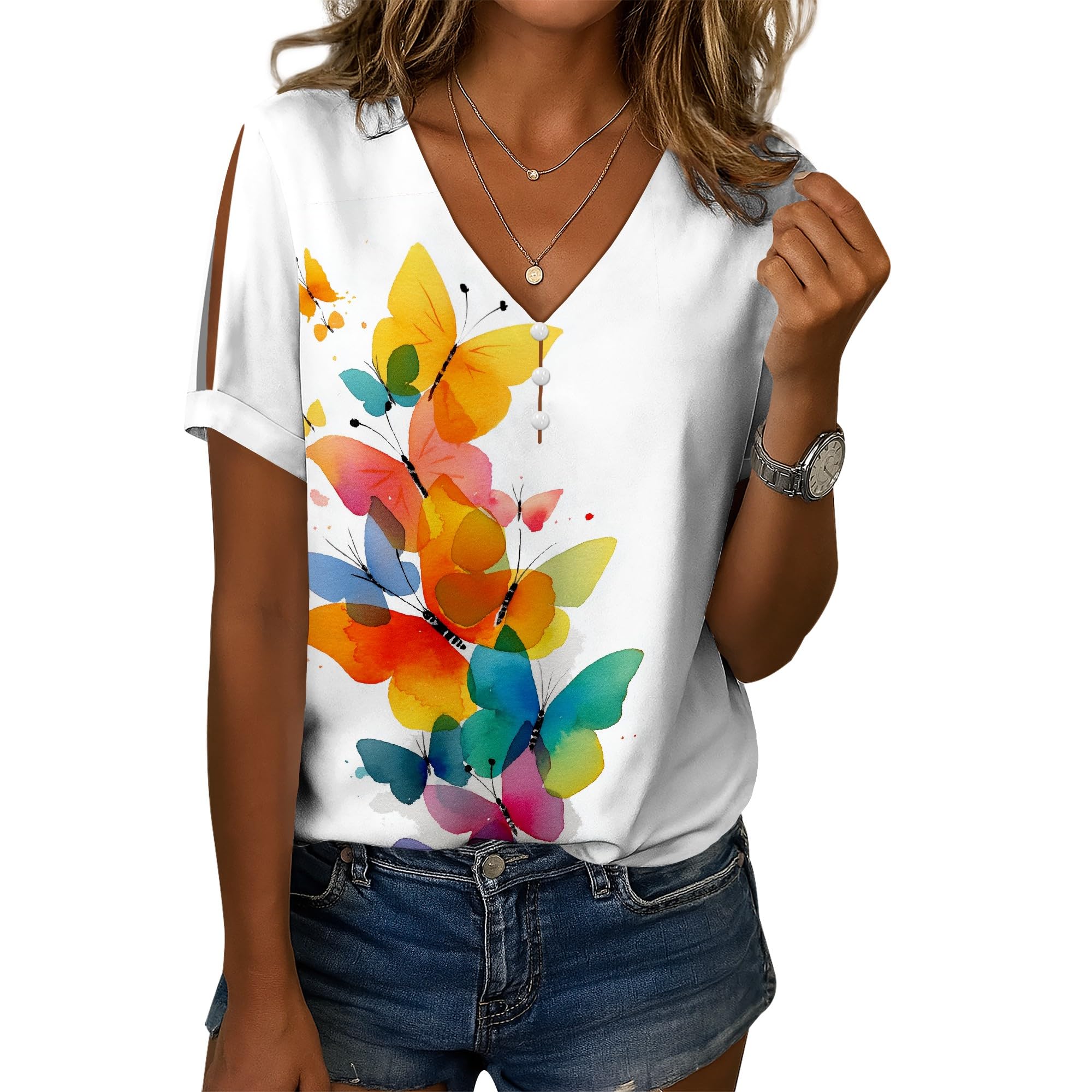 Business Casual Tops for Women Linen Blend Button Boho Floral Printed V-Neck Vintage Short Sleeve Summer T Shirts