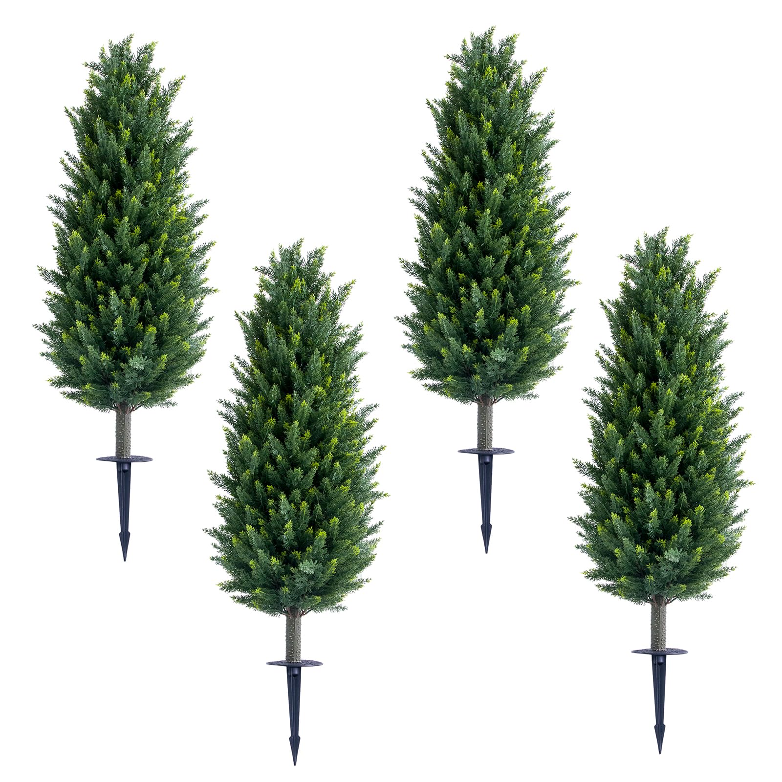 Garvee Cedar-4Pcs 4Pcs Artificial Cedar Topiary Tree Stake Sets - Pe Faux Plants With Iron Ground Spikes, For Outdoor & Indoor Garden/Living Room Decoration, 28×110×28Cm, Green