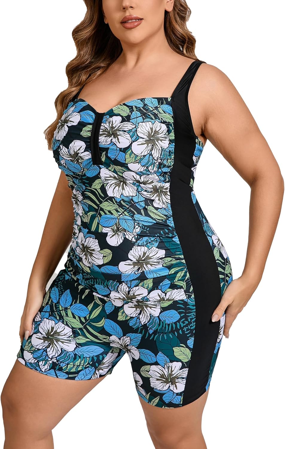 Halcurt Women's Plus Size Boyleg One Piece Swimsuit with Boyshorts Ruched Tummy Control Bathing Suit