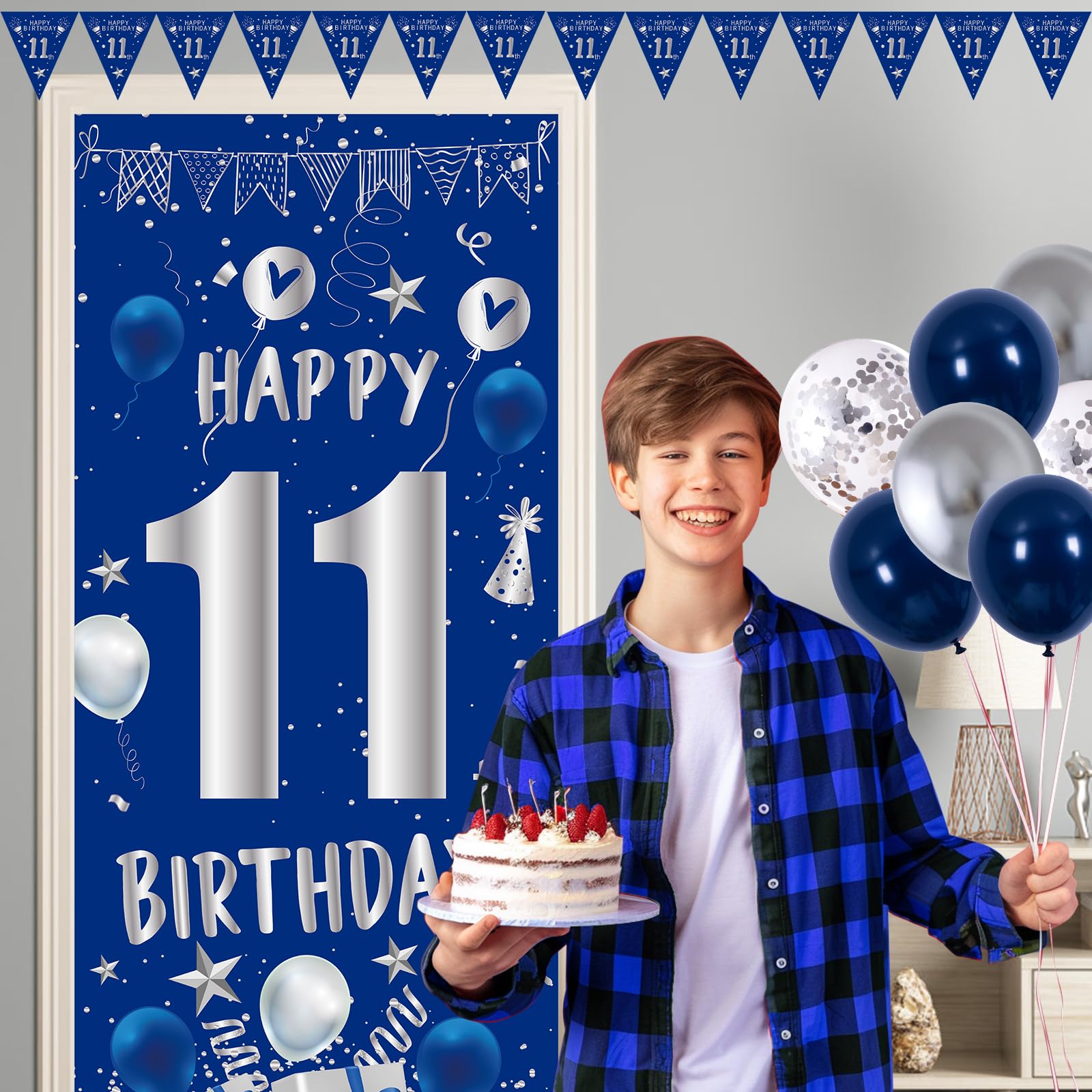 Decoraciones de cumpleaños número 11 para niños y niñas, juego de decoraciones de feliz cumpleaños número 11 azul y plateado con telón de fondo de 11 cumpleaños, mantel de globos, bandera triangular,