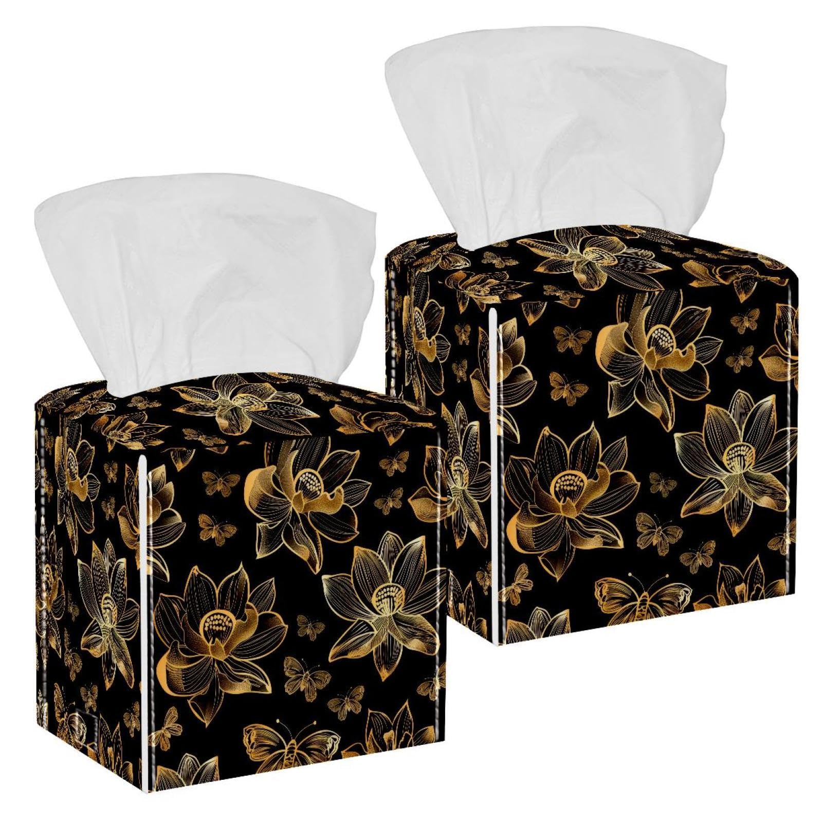 Golden Lotus Tissue Box Cover, 2 Pack PU Leather Square Facial Tissue Dispenser Box holder for Home Office Car