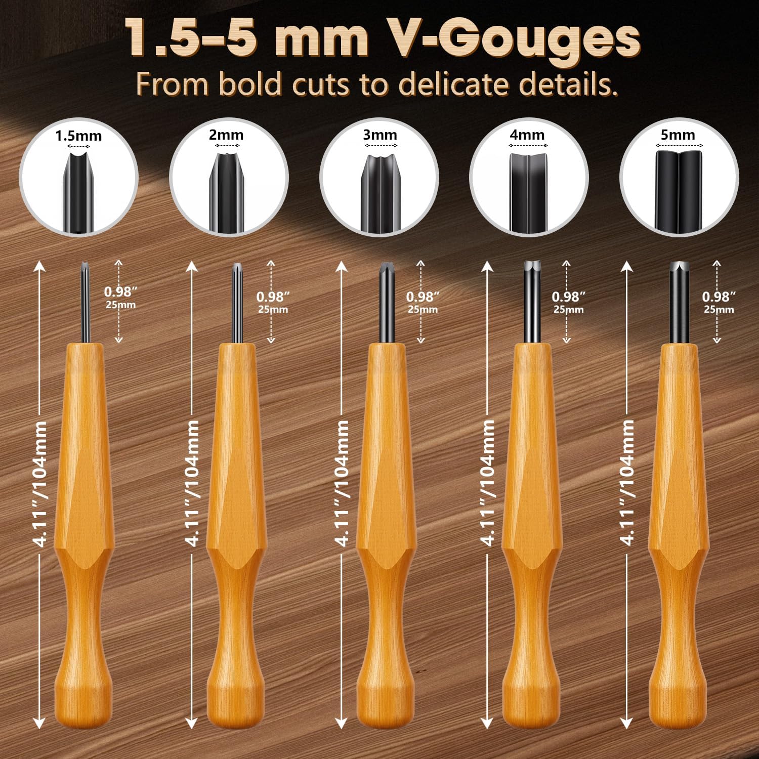 XOOL 5 Pcs Linocut Carving Tools Set, V-Shaped Wood Carving Chisels for Block Printing, Relief Printmaking, Rubber Stamp & Detail Carving (1.5mm-5mm)