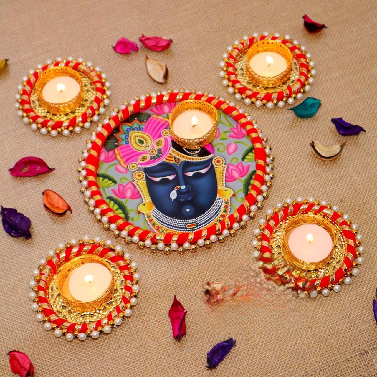 MTRXX Handmade Decorative Diwali Tealight Diya Set | Shree Nath Ji Rangoli Thali with 4 Tealight Candles | Festive Home & Temple Décor (Set of 5)