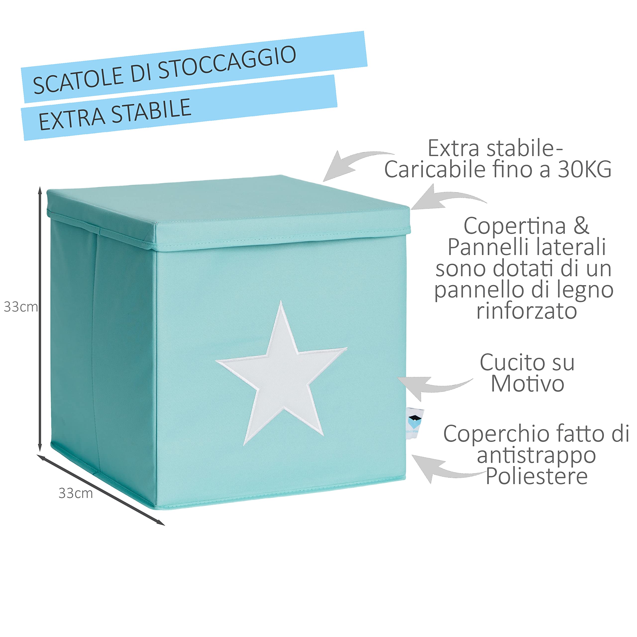 LOVE IT STORE IT - Cubo Portaoggetti Con Coperchio - In Tessuto - Pieghevole - Rinforzi In Legno - Kallax Contenitori - 33x33x33cm - Turchese Con Fantasia A Stelle in Bianca