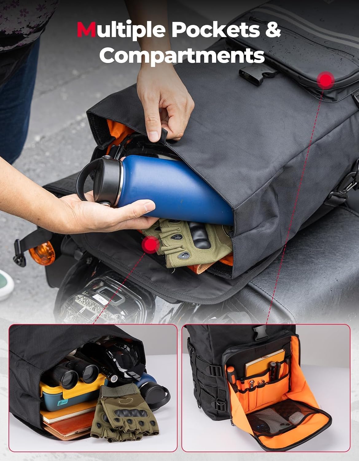 KEMIMOTO Motorcycle Sissy Bar Bag 30L Motorcycle Tail Travel Luggage Bag with Waterproof Rain Cover for Trip Camping Outdoor Motorbike with 4 Straps 1 Shoulder Strap