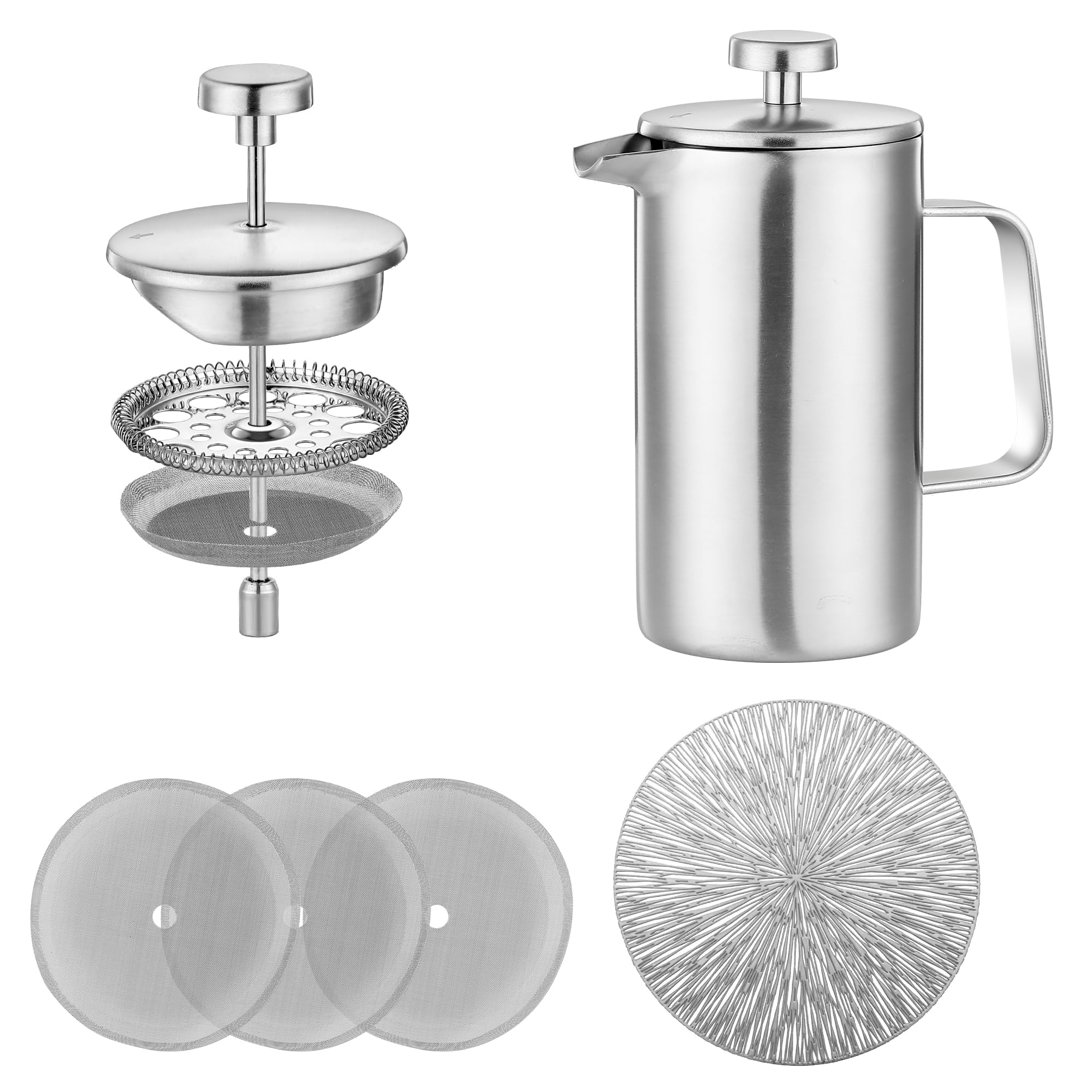 Misichao Petite cafetière à piston 2 tasses Argenté 350 ml | Cafetière isotherme en acier inoxydable avec système de filtration à 3 niveaux, cafetière manuelle