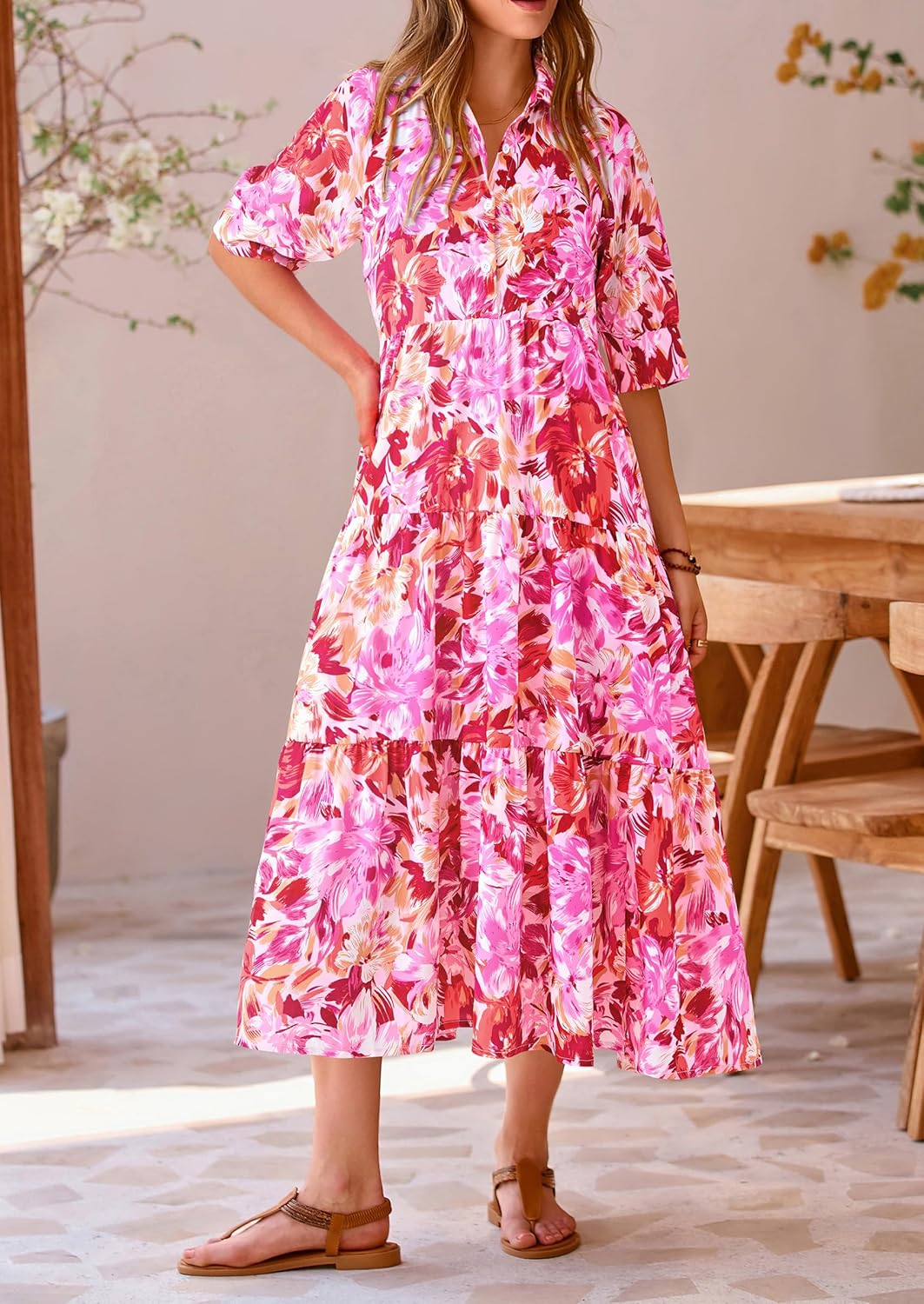 PRETTYGARDEN Womens Long Flowy Dress Casual Summer Short Sleeve V Neck Swing A Line Dresses (Floral Pink Red,Large) - Image 6