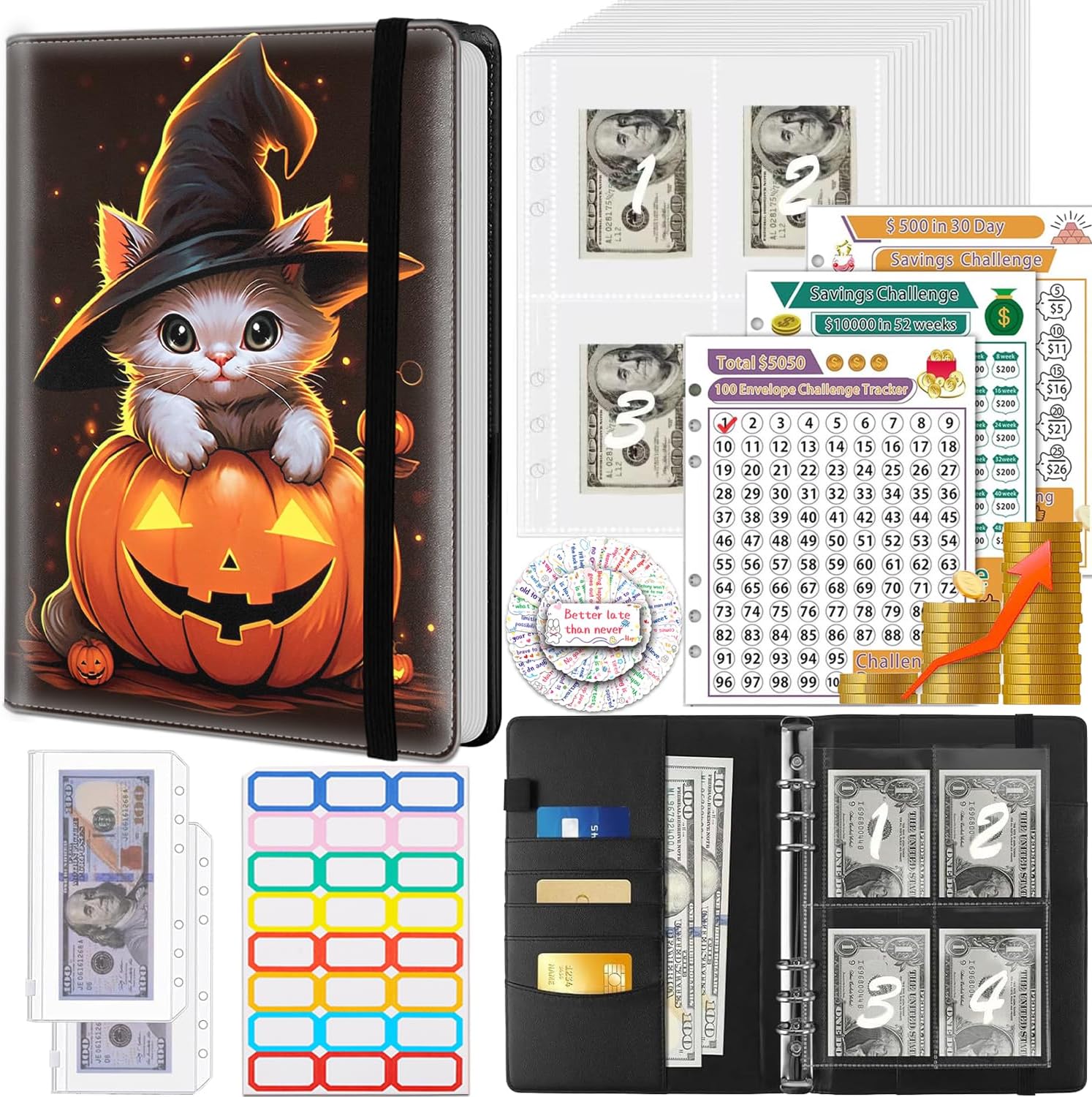 Money Saving Binder, 100 Envelopes Money Saving Challenge, Cash Envelopes Budget Binder & 3 Budgeting Planner Trackers, PU Leathers A5 Money Saving Planner Book，Halloween Cat Pumpkin