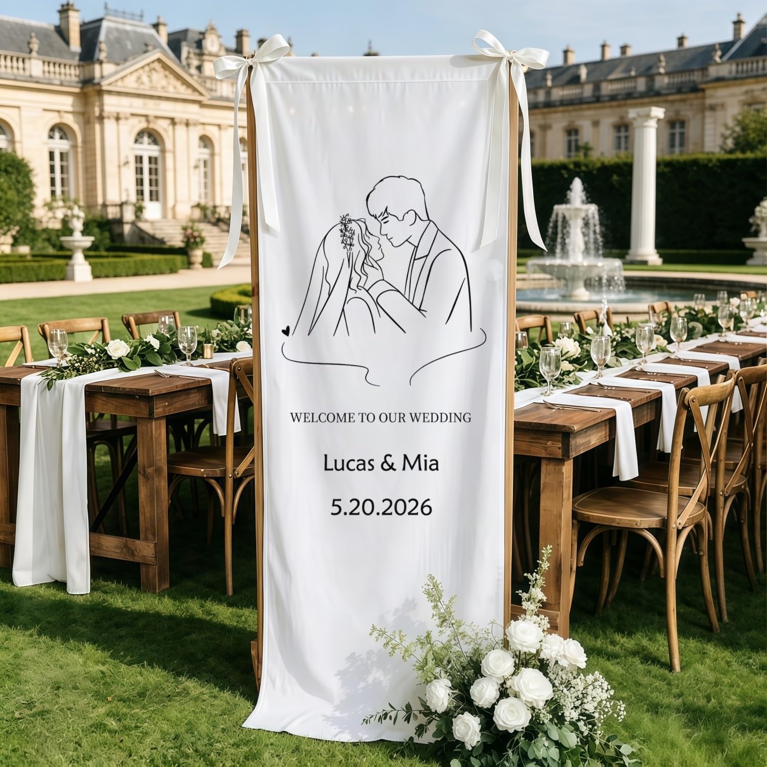Bfbzyme One Color Personalized Linen Wedding Welcome Sign Banner, Custom Names And Date Fabric Hanging Sign, Rustic Outdoor Wedding Ceremony Decoration, Reception Entrance Decor(35X100cm)