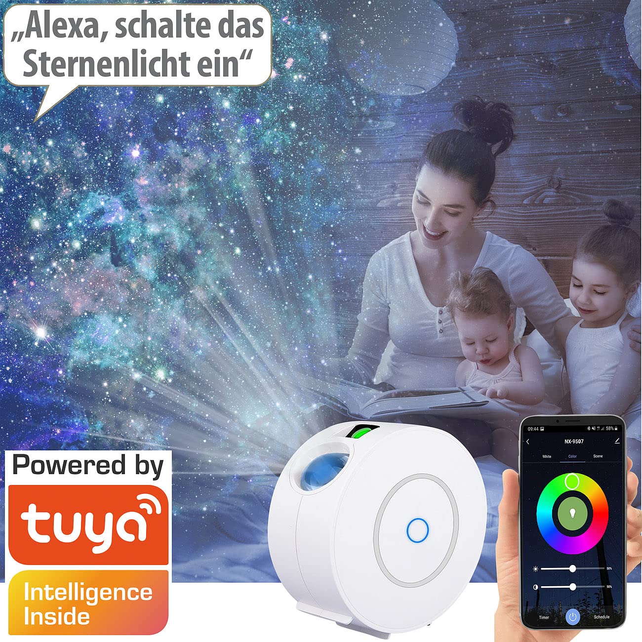 Lunartec Lichtprojektor: Laser-3D-Sternenhimmel-Projektor, RGB-LEDs, Sprach-/Zeitsteuerung, App (Sternenhimmel Schlafzimmer, LED Alexa Sternenhimmel Projektor, Nachtischlampe)