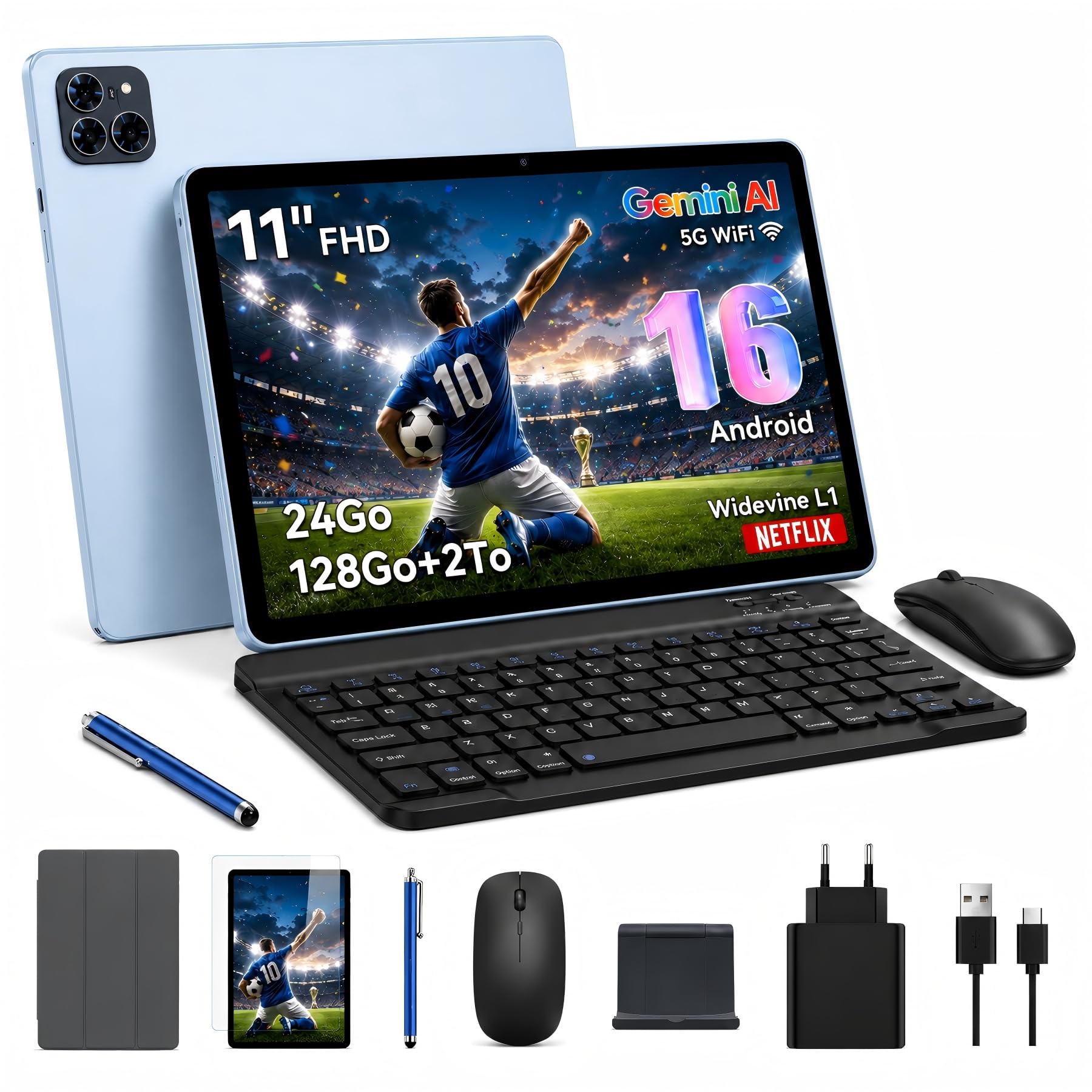 TABWEE Tablette Tactile 11" Android 16 avec Clavier pour Bureau et Études | Clavier et Souris Inclus, 24Go RAM 128Go ROM (2To TF), Écran FHD Widevine L1, Batterie 8000mAh avec Gemini AI, WiFi 5G