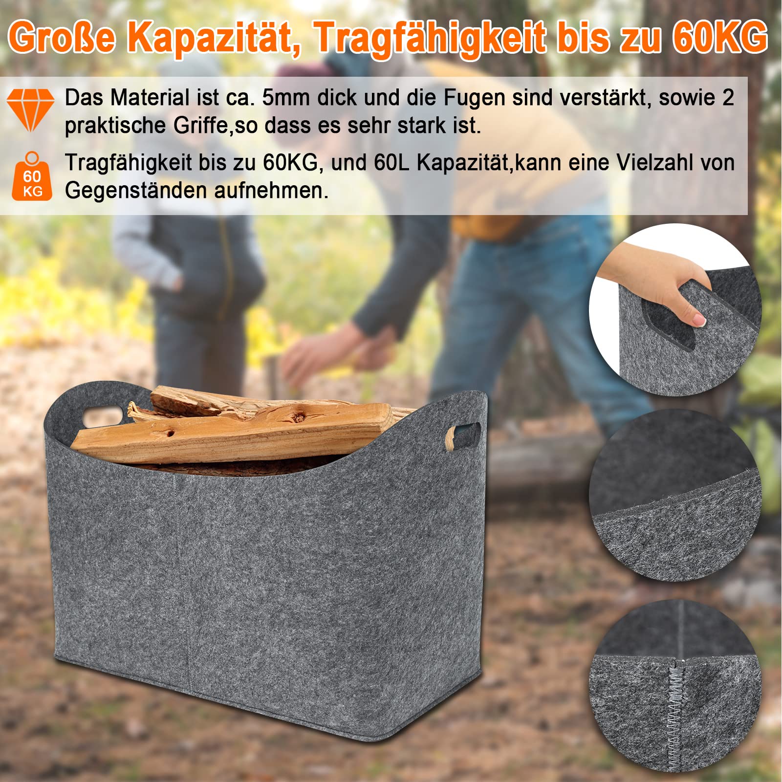 2 Stück Holzkorb Faltbar – 55x30x40 Cm, Filz, Für Kaminholz, Einkauf & Aufbewahrung