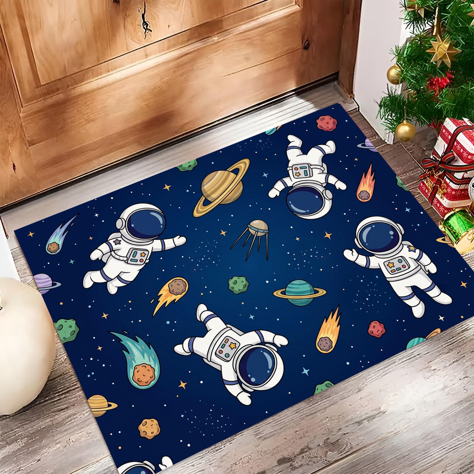 Felpudo Entrada Casa, 80x120cm Alfombra de Puerta Meteorito Astronauta Tapetes de Interior Espacio De Dibujos Animados Antideslizante para Decorativo Dormitorios y Zonas Entrada Cuartos, Azul Marino