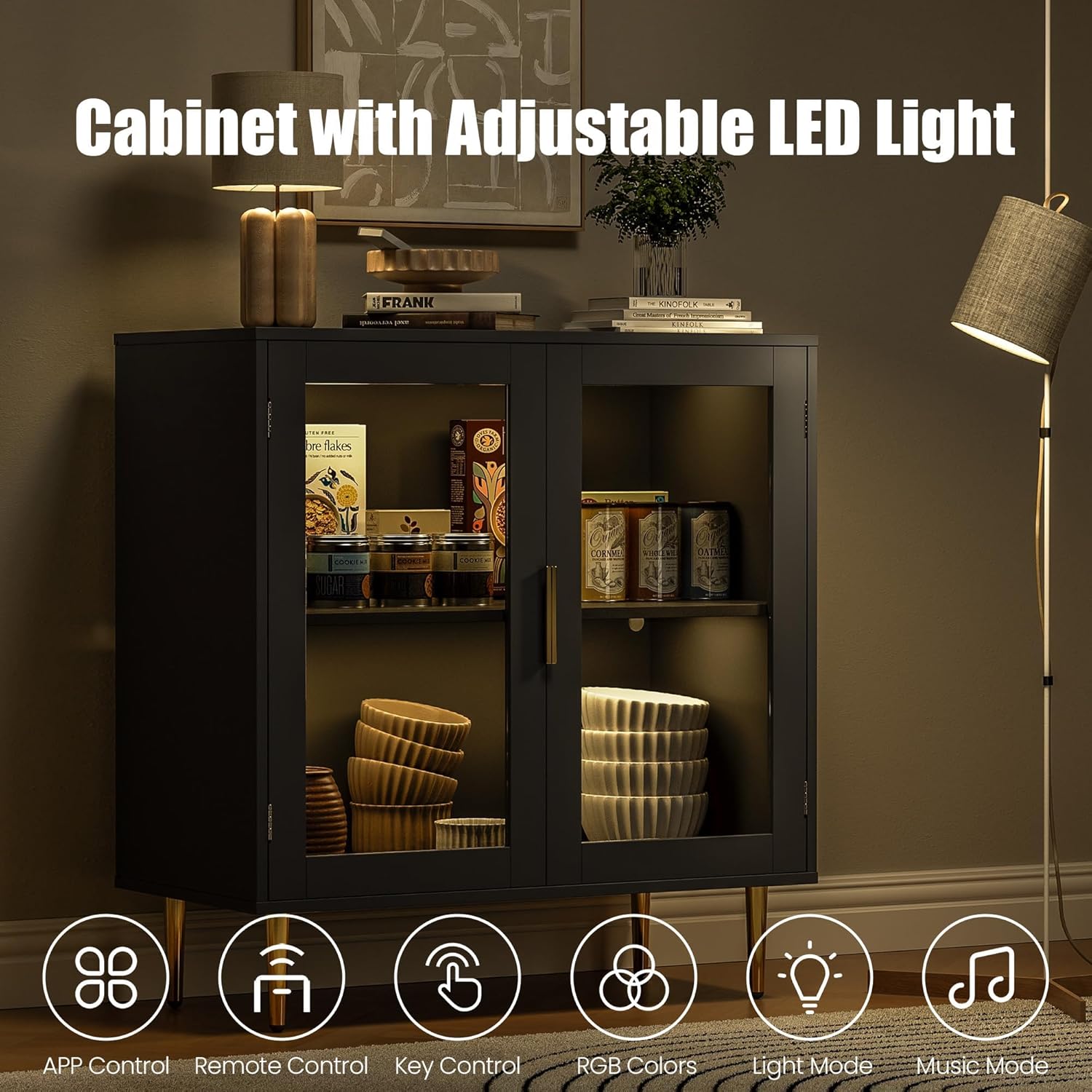 Housoul Buffet Cabinet with LED Lights, 32" Modern Acrylic Sideboard with 2 Doors, Coffee Bar with Shelf, Coffee Bar Cabinet for Living Room, Kitchen, Black