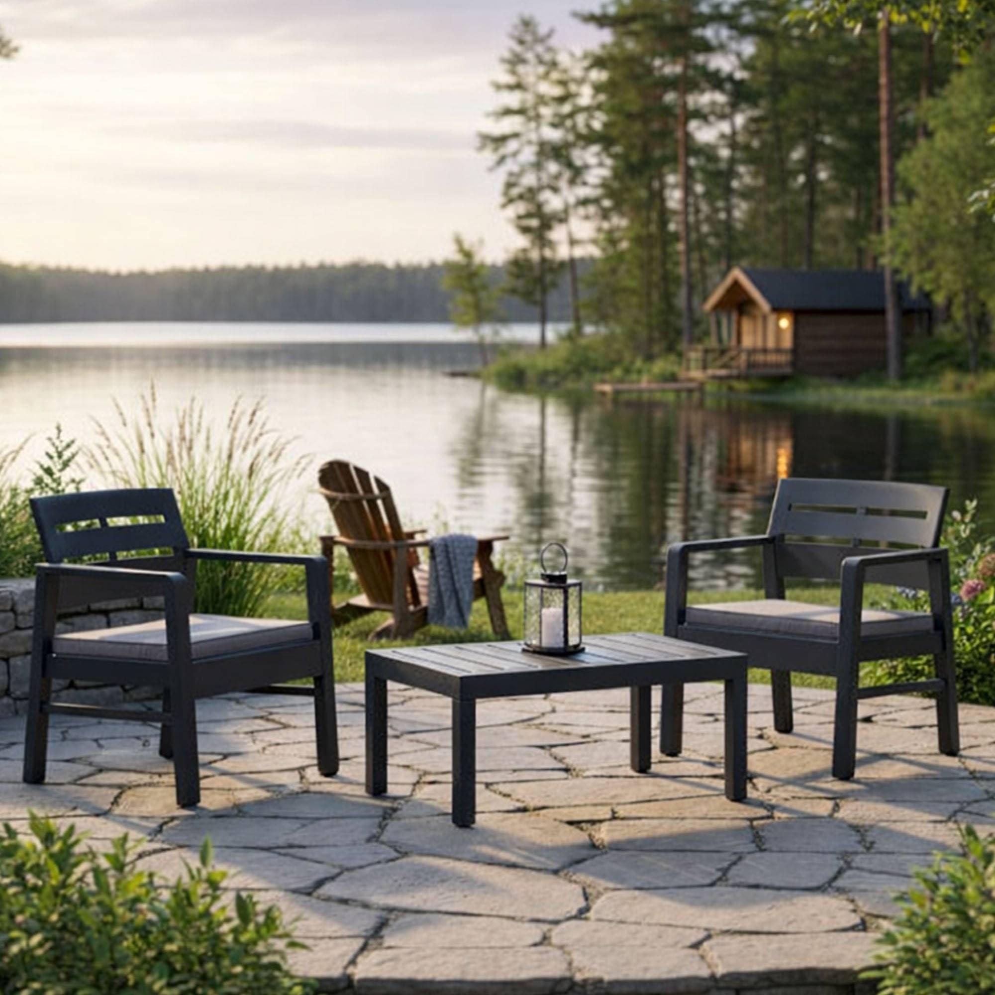 Dmora - Set Salotto da Esterno Benevento, Composizione da Giardino con 2 poltrone e 1 tavolino, Salottino Indoor e Outdoor con Cuscini, 100% Made in Italy, Antracite