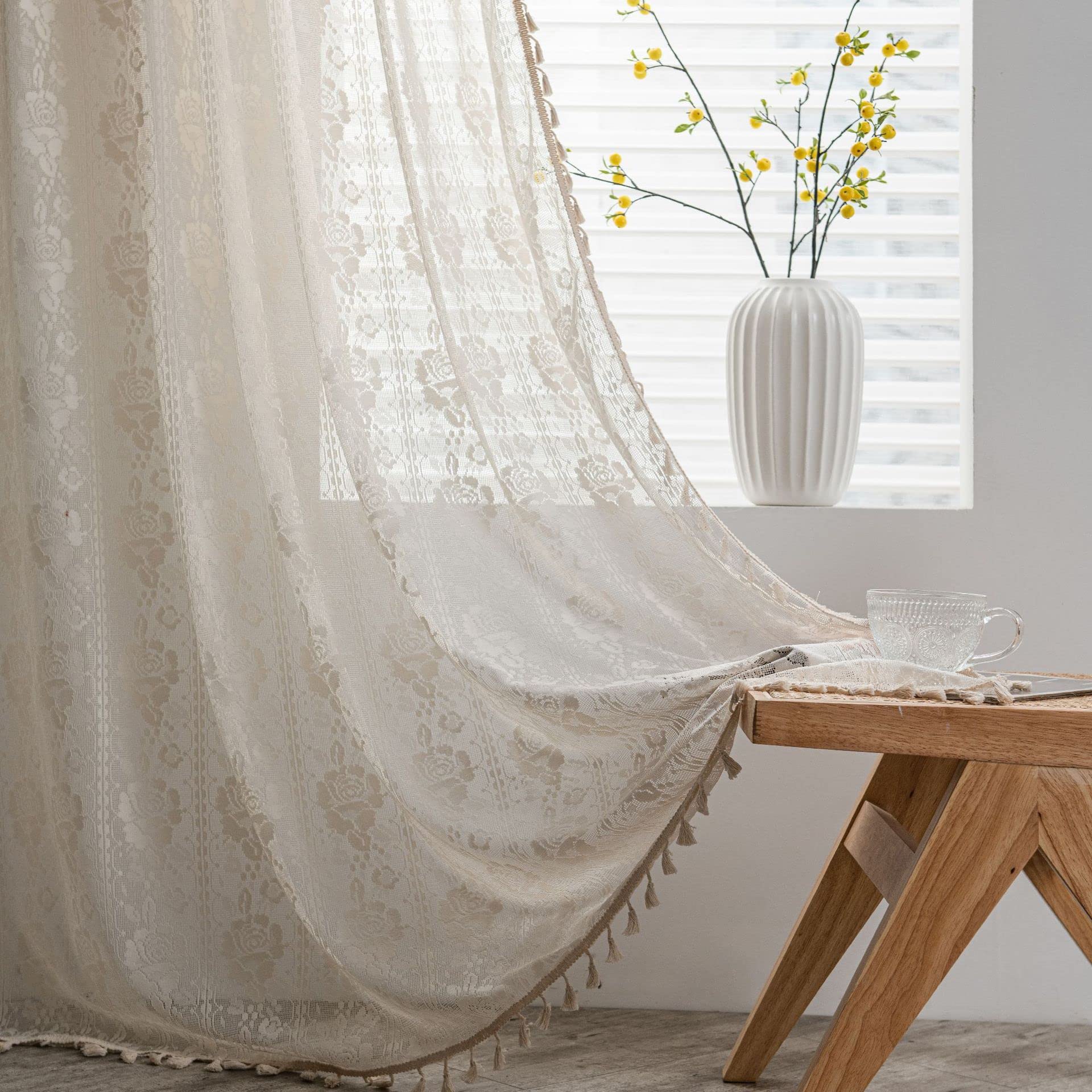 Plancholo Boho Curtain 118 inch Length 1 Panel Rose Floral Embroidery Crochet Lace Semi-Sheer Window Treatment with Tassels Vintage Rod Pocket Drape for Bedroom (Beige, 59" W x 118" L)